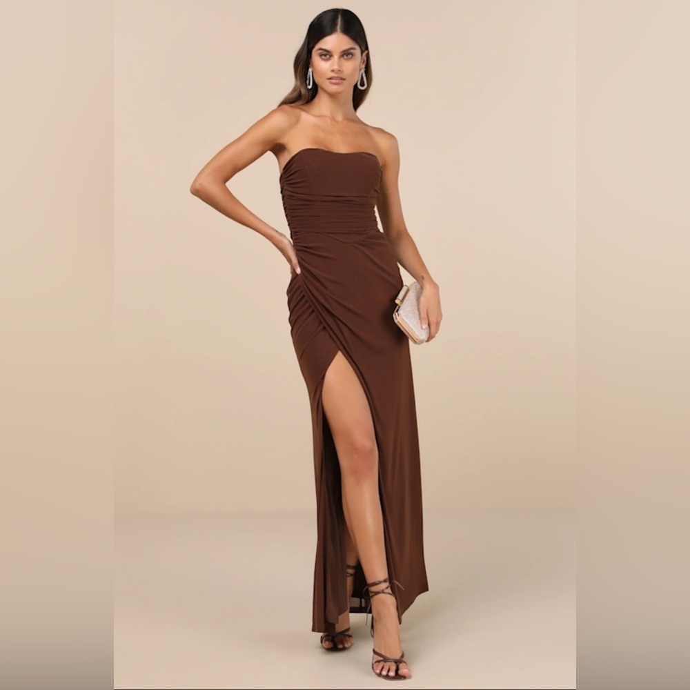 Lulu's Chocolate Meshed Strapless Ruched Maxi Dress